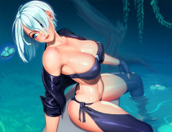 Rule 34 | 1girl, absurdres, angel (kof), ass, bandeau, bare shoulders, blue butterfly, blue eyes, breasts, bug, butt crack, butterfly, cleavage, collarbone, fingerless gloves, gloves, grass, hair over one eye, head tilt, highres, insect, jacket, large breasts, lips, nikichen, short hair, sitting, smile, snk, solo, spread legs, the king of fighters, thighs, water, white hair