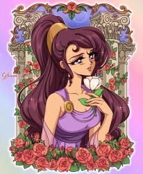 Rule 34 | 1990s (style), 1girl, ancient greek clothes, bare shoulders, brown hair, dress, flower, greco-roman clothes, hercules (1997 film), highres, holding, holding flower, long hair, megara (disney), mroczniak (gloomy chuu), parted lips, ponytail, purple dress, purple eyes, red flower, red rose, retro artstyle, rose, smile, white flower