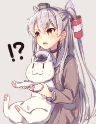 Rule 34 | !, !?, &gt;:3, 10s, 1girl, :3, ?, amatsukaze (kancolle), animal, blush, brown eyes, cat, choker, dress, gloves, hair tubes, hat, kantai collection, long hair, military hat, open mouth, peaked cap, sailor collar, sailor dress, silver hair, single glove, solo, sweat, tahya, two side up, v-shaped eyebrows, white gloves