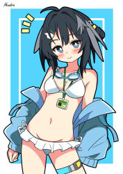 Rule 34 | 1girl, absurdres, arknights, bikini, black hair, blue background, blue eyes, blue jacket, blush, border, breasts, bright pupils, commentary request, feather hair, goggles, goggles around neck, hendra, highres, id card, inset border, jacket, la pluma (arknights), la pluma (summer flowers) (arknights), looking at viewer, short hair, signature, simple background, small breasts, smile, solo, swim goggles, swimsuit, thigh strap, track jacket, white bikini, white pupils