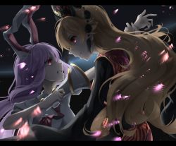 Rule 34 | 2girls, animal ears, black sleeves, chinese clothes, clenched teeth, commentary, english commentary, finger on trigger, hair between eyes, highres, holding another&#039;s arm, junko (touhou), light purple hair, light smile, long hair, long sleeves, looking at another, lunatic gun, multiple girls, necktie, orange hair, otomeza ryuseigun, phoenix crown, rabbit ears, red eyes, red neckwear, reisen udongein inaba, serious, shirt, short sleeves, simple background, sparkle, tassel, teeth, touhou, v-shaped eyebrows, white background, white shirt, wide sleeves