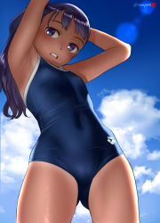 Rule 34 | 1girl, arena (company), armpits, arms up, blue sky, breasts, cloud, commentary request, competition school swimsuit, competition swimsuit, covered navel, cowboy shot, from below, gluteal fold, groin, highres, long hair, looking at viewer, mu-pyon, one-piece swimsuit, one-piece tan, open mouth, original, outdoors, purple eyes, purple hair, school swimsuit, sky, small breasts, solo, swimsuit, tan, tanline