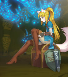 Rule 34 | 1girl, adjusting footwear, animal ears, belt, blonde hair, boots, borrowed character, braid, brown footwear, cat ears, cat girl, cat tail, character request, commission, cristalavi, dressing, french braid, from side, full body, fur, glowing, hair ornament, high heel boots, high heels, high ponytail, highres, hylian shield, indoors, long hair, nintendo, original, parted bangs, ponytail, sheath, sheathed, shield, sitting, smile, solo, sword, tail, the legend of zelda, the legend of zelda: breath of the wild, thigh boots, thighhighs, treasure chest, tunic, very long hair, weapon, yellow eyes
