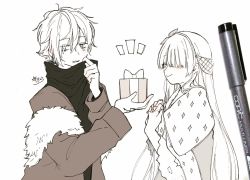 Rule 34 | 1boy, 1girl, anastasia (fate), art tools in frame, blush, box, cloak, closed eyes, closed mouth, fate/grand order, fate (series), fur-trimmed jacket, fur trim, gift, gift box, hair between eyes, hair ribbon, hairband, hands up, highres, holding, holding gift, jacket, kadoc zemlupus, long sleeves, looking away, looking to the side, monochrome, notice lines, open clothes, open jacket, parted lips, photo (medium), ribbon, royal robe, shirt, signature, sofra, traditional media, upper body, white background