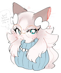 Rule 34 | 1girl, :&lt;, animal ears, animal nose, aqua eyes, blue sweater, blush, body fur, bow, brown fur, brown hair, cat ears, cat girl, closed mouth, cocri, fang, fang out, female focus, furry, furry female, glasses, gradient hair, hair bow, heart, japanese text, jewelry, long hair, looking at viewer, messy hair, milky (cocri), multicolored hair, necklace, original, pearl necklace, pince-nez, ribbed sweater, round eyewear, solo, sweater, teardrop-framed glasses, thought bubble, translation request, tsundere, two-tone fur, two-tone hair, upper body, v-shaped eyebrows, white bow, white fur, white hair, yellow-framed eyewear