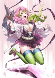 Rule 34 | 1girl, :d, belt, black skirt, braid, breasts, cleavage, coat, demon slayer uniform, gradient hair, green eyes, green hair, green thighhighs, haori, highres, holding, holding sword, holding weapon, japanese clothes, jumping, kanroji mitsuri, kimetsu no yaiba, large breasts, long hair, long sleeves, looking at viewer, miniskirt, mole, mole under eye, multicolored hair, open mouth, pink background, pink hair, pleated skirt, sandals, skirt, smile, solo, sword, thighhighs, toshi (pixiv6514), two-sided fabric, two-sided skirt, weapon, whip sword, white coat, zouri