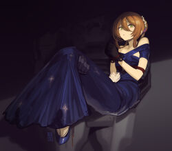 Rule 34 | 1girl, bare shoulders, bdsm, black gloves, blue dress, bondage, bound, bound ankles, bound arms, bound wrists, brown hair, cad (caddo), carrying, dress, evening gown, flower, girls&#039; frontline, gloves, green eyes, hair between eyes, hair flower, hair ornament, hair rings, highres, off-shoulder dress, off shoulder, princess carry, restrained, rope, rose, solo focus, springfield (girls&#039; frontline), springfield (queen in radiance) (girls&#039; frontline), white flower, white rose