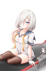 Rule 34 | 1girl, blue eyes, blush, bottomless, breasts, cleavage, closed mouth, clothes pull, gloves, unworn gloves, grey skirt, hair ornament, hair over one eye, hairclip, hamakaze (kancolle), highres, kantai collection, large breasts, meihemu, pantyhose, pantyhose pull, sailor collar, school uniform, serafuku, short hair, short sleeves, silver hair, simple background, sitting, skirt, unworn skirt, solo, white background, white gloves