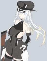 Rule 34 | 1girl, alternate hair color, bad id, bad twitter id, bismarck (kancolle), breasts, cowboy shot, detached sleeves, grey background, grey eyes, grey thighhighs, gun, hat, kantai collection, large breasts, looking at viewer, mikoto (oi plus), military, military hat, military uniform, peaked cap, rifle, sideboob, silver hair, simple background, sleeveless, solo, standing, thighhighs, uniform, weapon