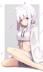 Rule 34 | 1girl, absurdres, animal ear fluff, animal ears, barefoot, blush, closed mouth, commentary, crop top, crop top overhang, cropped hoodie, drawstring, english commentary, grey background, grey shorts, hair ornament, hairclip, highres, hood, hood down, hoodie, long hair, long sleeves, looking at viewer, mayogii, midriff, navel, original, puffy long sleeves, puffy sleeves, purple eyes, short shorts, shorts, silver hair, sleeves past wrists, smile, solo, sportswear, two-tone background, white background, white hoodie