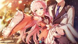 Rule 34 | 1boy, 1girl, armpits, carrying, carrying person, detached sleeves, dress, eksistere kyrenia, fire, flower, girl cafe gun, hair ornament, head out of frame, heterochromia, highres, maid headdress, official art, open mouth, pink hair, pointing, rose, ruins, thighhighs