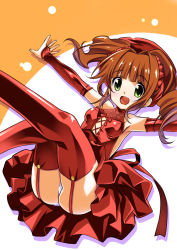 Rule 34 | 1girl, ass, blush, breasts, bridal gauntlets, brown hair, dress, garter straps, green eyes, idolmaster, idolmaster (classic), looking at viewer, open mouth, panties, senomoto hisashi, small breasts, smile, solo, takatsuki yayoi, thighhighs, twintails, underwear