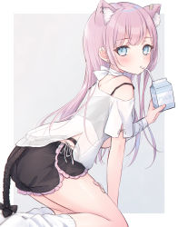 Rule 34 | 1girl, animal ear fluff, animal ears, bandaid, bandaid on leg, black shorts, blue eyes, blush, border, cat ears, commentary request, crossed bangs, drinking, drinking straw, drinking straw in mouth, ear piercing, feet out of frame, grey background, hand up, highres, long hair, looking at viewer, looking to the side, milk, original, piercing, pink hair, shano hiyori, shirt, short shorts, short sleeves, shorts, sidelocks, simple background, socks, solo, tareme, white background, white border, white shirt, white socks