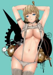 Rule 34 | 1girl, aqua background, arm belt, arms behind head, arms up, bandaged neck, bandages, belt, blonde hair, blue eyes, breasts, carousel, cleavage, clothes lift, collarbone, cowboy shot, eyebrows, female focus, ferris wheel, gears, highres, holding, justin (sera tony), large breasts, liquid, looking at viewer, navel, no bra, no pants, original, panties, parted lips, ribbed legwear, shirt lift, short hair, side-tie panties, sleeveless, solo, steampunk, string, suspenders, teal background, thigh gap, thighhighs, underboob, underwear