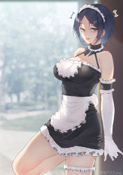 Rule 34 | 1girl, apron, arms behind back, ass, bare shoulders, black dress, black hair, blurry, blurry background, breasts, day, detached collar, dress, elbow gloves, frilled apron, frilled dress, frills, gloves, hayami kanade, highres, idolmaster, idolmaster cinderella girls, jjune, large breasts, looking at viewer, maid, short hair, solo, standing, standing on one leg, tongue, tongue out, twitter username, waist apron, white apron, white gloves, yellow eyes