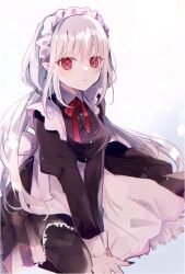 Rule 34 | 1girl, apron, black nails, breasts, commentary request, grey hair, highres, long hair, looking at viewer, maid, maid apron, maid headdress, medium breasts, mo--chi, nail polish, on floor, original, red eyes, simple background, solo, thighhighs