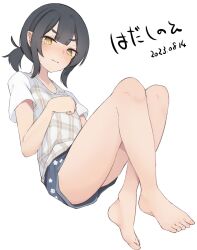 Rule 34 | 1girl, akari (raigou), b6 (b6 n2), bare legs, barefoot, black hair, blue shorts, blush, borrowed character, character name, closed mouth, commentary request, dated, feet, floral print, highres, legs, nervous sweating, original, plaid, plaid shirt, pointy ears, print shorts, shirt, short ponytail, short shorts, short sleeves, shorts, simple background, solo, sweat, toes, white background, white shirt, yellow eyes