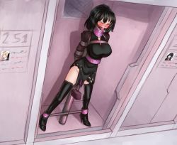 Rule 34 | 1girl, armbinder, arms behind back, bad id, bad pixiv id, ball gag, bdsm, blush, bondage, boots, bound, breasts, cell, closed eyes, closet, collar, dutch angle, full body, gag, gagged, helpless, high heels, highres, in cell, indoors, kagyakusetsu, large breasts, neglect play, one-bar prison, prisoner, restrained, sex machine, sex toy, slave, spreader bar, standing, stationary restraints, thigh boots, thighhighs, vibrator