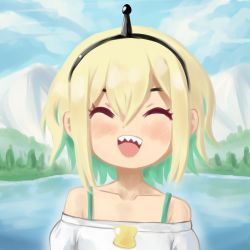 Rule 34 | 1girl, :d, ^ ^, amano pikamee, bare shoulders, black hairband, blonde hair, blush, closed eyes, collarbone, day, eyebrows hidden by hair, facing viewer, green hair, hair between eyes, hairband, highres, lake, multicolored hair, off-shoulder shirt, off shoulder, open mouth, outdoors, ramiigotcha, sharp teeth, shirt, smile, solo, teeth, two-tone hair, upper body, virtual youtuber, voms, water, white shirt