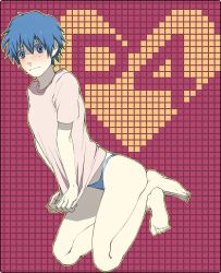 Rule 34 | 1girl, androgynous, atlus, bad id, bad pixiv id, barefoot, blue hair, blush, feet, natsume (rosewhip), persona, persona 4, reverse trap, rosewhip, shirogane naoto, short hair, solo