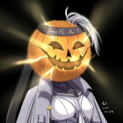 Rule 34 | 1girl, black background, black headband, breasts, clothes writing, cosplay, crack, grey jacket, hachimaki, headband, jack-o&#039;-lantern, jacket, jacket on shoulders, kantai collection, long hair, medium breasts, one side up, portrait, pumpkin, silver hair, simple background, solo, suzutsuki (kancolle), tk8d32