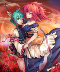 Rule 34 | &gt;:(, 2girls, armband, bad id, bad pixiv id, bare shoulders, blue eyes, bow, breasts, cleavage, cloud, dress, dutch angle, epaulettes, female focus, field, flower, frown, green hair, hair bobbles, hair ornament, head tilt, hug, long dress, long sleeves, looking at viewer, looking away, medium breasts, miniskirt, multiple girls, no headwear, no headwear, obi, off shoulder, onozuka komachi, outdoors, petals, red eyes, red hair, ribbon, sash, scythe, shiki eiki, shirt, short hair, short sleeves, short twintails, skirt, sky, sleeveless, sleeveless shirt, smile, standing, sunset, touhou, twintails, two side up, v-shaped eyebrows, weapon, wind, yude