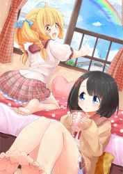 Rule 34 | 2girls, :d, barefoot, bed, black hair, blonde hair, blue eyes, bow, braid, brown eyes, cardigan, cloud, cup, curtains, day, fang, feet, female focus, hair bow, hair ribbon, happy, highres, long hair, multiple girls, naka akira, open cardigan, open clothes, open mouth, original, pillow, rainbow, revision, ribbon, short hair, skirt, sky, smile, soles, sweater, toes, twin braids, twintails, window