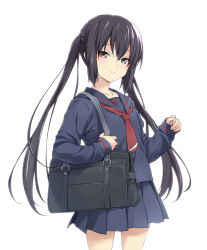Rule 34 | 1girl, bag, black bag, black hair, blue serafuku, blue shirt, blue skirt, blush, brown eyes, closed mouth, commentary request, cowboy shot, highres, k-on!, long hair, long sleeves, looking at viewer, nakano azusa, necktie, pleated skirt, red necktie, sakana (flame sakana), school bag, school uniform, serafuku, shirt, simple background, skirt, smile, solo, standing, twintails, white background