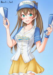 Rule 34 | 1girl, alternate costume, anti (untea9), baseball jersey, blue background, breasts, brown hair, collarbone, gradient background, green eyes, highres, jersey, kantai collection, kumano (kancolle), long hair, looking at viewer, skirt, small breasts, solo, twitter username, umamusume, white skirt