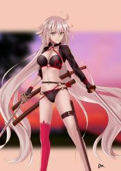 Rule 34 | &gt;:), absurdres, ahoge, arms at sides, belt, bikini, black bikini, blurry, breasts, cleavage, depth of field, dmwz, dual wielding, fate/grand order, fate (series), gluteal fold, grey hair, groin, hair between eyes, halterneck, highres, holding, holding sword, holding weapon, jeanne d&#039;arc alter (swimsuit berserker) (fate), jeanne d&#039;arc (fate), jeanne d&#039;arc alter (fate), jeanne d&#039;arc alter (swimsuit berserker) (fate), katana, lace, lace-trimmed legwear, lace trim, legs apart, letterboxed, long hair, medium breasts, narrow waist, navel, o-ring, o-ring belt, o-ring bikini, outdoors, outside border, popped collar, red thighhighs, shrug (clothing), single thighhigh, solo, standing, swimsuit, sword, thigh strap, thighhighs, unsheathed, v-shaped eyebrows, very long hair, weapon, yellow eyes
