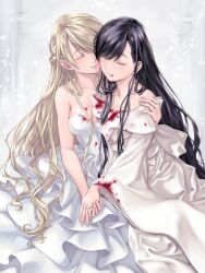 Rule 34 | 2girls, bare arms, black hair, blonde hair, blood, blood from mouth, blood on breasts, blood on clothes, bloody clothes, bloody dress, braid, breasts, cleavage, closed eyes, closed mouth, commentary request, dress, female focus, french braid, hand on another&#039;s shoulder, highres, holding hands, jewelry, long hair, looking at another, medium breasts, multiple girls, original, ring, strapless, strapless dress, takekawa shin, vampire, wedding dress, wedding ring, white dress, wife and wife, yuri