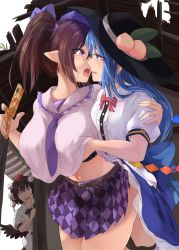 Rule 34 | 3girls, after kiss, bird wings, black bra, black headwear, black wings, blue eyes, blue hair, blush, bra, bra peek, grabbing another&#039;s breast, breasts, brown hair, cellphone, checkered clothes, checkered skirt, eye contact, food, fruit, grabbing, hat, highres, himekaidou hatate, hinanawi tenshi, holding, holding phone, kagami toufu, large breasts, long hair, looking at another, miniskirt, multiple girls, navel, open mouth, peach, phone, pointy ears, pom pom (clothes), puffy short sleeves, puffy sleeves, purple eyes, purple headwear, purple neckwear, red eyes, red headwear, shameimaru aya, shirt, short sleeves, skirt, tokin hat, tongue, tongue out, touhou, twintails, underwear, very long hair, white shirt, wings, yuri