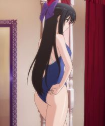 Rule 34 | 10s, 1girl, adjusting clothes, adjusting swimsuit, ass, black hair, blue eyes, blue one-piece swimsuit, highres, long hair, one-piece swimsuit, ribbon, ryuuzouji akane, solo, standing, swimsuit, walkure romanze