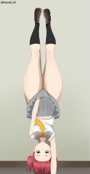 Rule 34 | 1girl, absurdres, black socks, blush, breasts, expressionless, green eyes, grey sailor collar, grey skirt, handstand, highres, kurosawa ruby, loafers, looking at viewer, love live!, love live! sunshine!!, lycoris challenge (meme), lycoris recoil, medium breasts, meme, neckerchief, one arm handstand, red hair, roswell ss, sailor collar, scene reference, school uniform, serafuku, shoes, skirt, skirt hold, socks, solo, thighs, yellow neckerchief