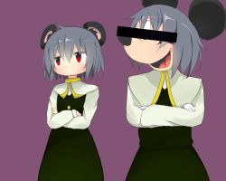 Rule 34 | 1boy, 1girl, akabeco, animal ears, bar censor, blush, censored, closed mouth, cookie (touhou), cosplay, crossed arms, furry, grey hair, highres, long sleeves, looking at viewer, looking away, mickey mouse, mickey mouse ears, mouse ears, nazrin, nyon (cookie), nyon (cookie) (cosplay), open mouth, red eyes, short hair, smile, tongue, touhou