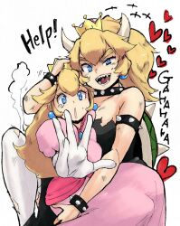 Rule 34 | +++, 2girls, armlet, black dress, blonde hair, blue eyes, bowsette, bracelet, brooch, bt (shio oninko), burnt clothes, carrying, collar, crown, dress, earrings, elbow gloves, english text, eyelashes, gloves, half-closed eyes, heart, height difference, high ponytail, hug, jewelry, kidnapping, laughing, leg lift, leg up, long dress, long hair, looking at viewer, mario (series), multiple girls, new super mario bros. u deluxe, nintendo, open mouth, outstretched arm, outstretched hand, parted bangs, parted lips, pink dress, princess peach, puffy short sleeves, puffy sleeves, reaching, reaching towards viewer, sharp teeth, short sleeves, simple background, smile, sphere earrings, spiked armlet, spiked bracelet, spiked collar, spiked shell, spikes, strapless, strapless dress, super crown, sweat, tall female, tearing up, teeth, thick eyebrows, thighhighs, tongue, tongue out, torn clothes, torn dress, torn thighhighs, turtle shell, unhappy, v-shaped eyebrows, very long hair, white background, white gloves, yuri