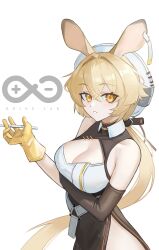 Rule 34 | 1girl, absurdres, animal ears, arknights, arm under breasts, asymmetrical gloves, bare shoulders, blonde hair, breasts, cleavage, crossed bangs, dorothy (arknights), elbow gloves, gloves, highres, large breasts, long hair, low ponytail, medium breasts, mismatched gloves, mouse ears, mouse girl, rhine lab logo, shirt, shortofsugar, side slit, sleeveless, sleeveless shirt, solo, two-tone shirt, white background, white headwear, yellow eyes, yellow gloves