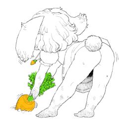 Rule 34 | 1girl, animal ears, ass, bent over, carrot, carrot necklace, commentary request, dress, facing away, floppy ears, from behind, full body, inaba tewi, jewelry, messy hair, motion lines, necklace, no panties, puffy short sleeves, puffy sleeves, pulling, rabbit ears, rabbit girl, rabbit tail, short hair, short sleeves, simple background, solo, spot color, tail, touhou, upskirt, white background, yonaki