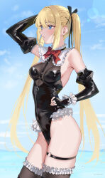 Rule 34 | arm up, black gloves, black leotard, black thighhighs, blonde hair, blue eyes, blue sky, bow, bowtie, breasts, cloud, collar, day, dead or alive, dead or alive xtreme, elbow gloves, facing to the side, fingerless gloves, frilled collar, frilled leotard, frilled thighhighs, frills, from side, gloves, highleg, highleg leotard, highres, lens flare, leotard, long hair, looking ahead, marie rose, ocean, outdoors, parted lips, puffy sleeves, red bow, red bowtie, ryudraw, sky, small breasts, thigh strap, thighhighs, thighs, twintails, very long hair