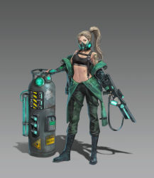 Rule 34 | 1girl, absurdres, biohazard symbol, blonde hair, boots, breasts, camouflage, clothes writing, covered mouth, cross-laced footwear, discuzz, ear piercing, earrings, flat chest, gas mask, glowing, green jumpsuit, grey background, gun, heterochromia, highres, jewelry, jumpsuit, lace-up boots, layered clothes, mask, navel, neon trim, original, piercing, ponytail, rifle, scar, scope, shirt, shoulder tattoo, snake tattoo, solo, sports bra, standing, swept bangs, tattoo, taut clothes, taut shirt, weapon
