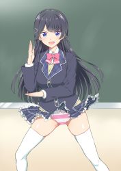 Rule 34 | 1girl, :d, black hair, black jacket, black skirt, blazer, blue eyes, bow, bow panties, bowtie, braid, breasts, brown sweater, buttons, chalkboard, collared shirt, commentary request, dress shirt, floating hair, french braid, frilled skirt, frills, hair ornament, hairclip, hand up, indoors, jacket, long hair, long sleeves, looking at viewer, medium breasts, miniskirt, nijisanji, open mouth, panties, pantyshot, parted bangs, pink bow, pink bowtie, pink panties, plaid, plaid skirt, shiny skin, shirt, skirt, smile, solo, standing, straight hair, striped clothes, striped panties, sweater, thighhighs, tsukino mito, tsukino mito (1st costume), underwear, v-shaped eyebrows, v-shaped eyes, virtual youtuber, white panties, white shirt, white thighhighs, wind, wind lift, yuto (dialique)