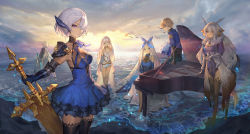 Rule 34 | 1boy, 5girls, armor, beach, bird, black legwear, blonde hair, blue dress, blue eyes, blue gloves, closed mouth, commentary request, detached sleeves, dress, elbow gloves, fafnir (masterwork apocalypse), fairy wings, feather hair ornament, feathers, gauntlets, gloves, grand piano, hair ornament, halter dress, halterneck, headgear, highres, holding, holding sword, holding weapon, horizon, huge weapon, instrument, light frown, light particles, long hair, looking at viewer, low twintails, masterwork apocalypse, medium hair, messikid, multiple girls, ocean, outdoors, pauldrons, piano, purple eyes, red eyes, short dress, short hair, shoulder armor, silver hair, sitting, sleeveless, sleeveless dress, standing, sunrise, sword, thighhighs, twintails, weapon, white dress, wings