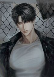 Rule 34 | 1boy, against fence, black hair, black jacket, closed mouth, commentary request, fence, highres, jacket, korean commentary, leather, leather jacket, lips, male focus, moon shingun, parted bangs, shirt, short hair, shut ter, shutline, solo, white shirt, wire fence