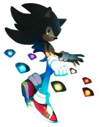 Rule 34 | 1boy, animal ears, animal nose, blue fur, blue gemstone, chaos emerald, closed mouth, from side, full body, furry, furry male, gem, gloves, gold trim, green eyes, green gemstone, grey gemstone, hands up, hedgehog, hedgehog ears, hedgehog tail, icen-hk, leg up, looking at viewer, male focus, orange gemstone, pink gemstone, red footwear, red gemstone, shoes, simple background, smile, sneakers, socks, solo, sonic (series), sonic the hedgehog, standing, standing on one leg, tail, white background, white gloves, white socks