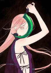 Rule 34 | 1girl, arm up, bare arms, bare shoulders, black background, brown background, commentary, covered mouth, dress, earrings, english commentary, floating hair, from side, highres, holding, holding scythe, holding weapon, jewelry, layered dress, long hair, looking at viewer, one eye covered, original, pink hair, pinky out, pointy ears, purple dress, renemesia, scythe, see-through, see-through dress, sideless dress, sideless outfit, signature, skin tight, sleeveless, sleeveless dress, solo, sparkle, upper body, very long hair, weapon, yellow eyes