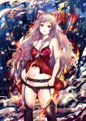 Rule 34 | 1girl, black thighhighs, bow, breasts, camisole, cleavage, earrings, fire, fujiwara no mokou, full moon, garter belt, grey hair, groin, hair bow, jewelry, lingerie, long hair, looking at viewer, mayonaka taruho, medium breasts, moon, multiple bows, navel, outdoors, parted lips, red eyes, solo, standing, thighhighs, touhou, underwear