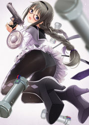 Rule 34 | 1girl, :o, akemi homura, argyle, argyle clothes, argyle legwear, ass, black hair, black hairband, black pantyhose, blush, bomb, braid, commentary request, desert eagle, explosive, feet up, floating, full body, glasses, gun, hairband, handgun, high heels, highres, holding, holding gun, holding weapon, long hair, looking at viewer, looking back, mahou shoujo madoka magica, mahou shoujo madoka magica (anime), mk (mod0), panties, panties under pantyhose, pantyhose, pantyshot, pipe bomb, pleated skirt, purple eyes, red-framed eyewear, shield, skirt, solo, thighs, twin braids, twintails, underwear, very long hair, weapon