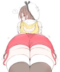 Rule 34 | 1girl, ass, atelier (series), atelier ryza, belt, breasts, brown hair, cleavage, curvy, from behind, from below, hat, hood, hoodie, huge ass, looking at viewer, looking back, lying, on stomach, reisalin stout, short hair, short shorts, shorts, solo, stomach, thick thighs, thighhighs, thighs, white background, wide hips, xiangzi box