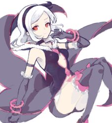 Rule 34 | 1girl, armlet, artist request, bad drawr id, bad id, black gloves, black hairband, black thighhighs, bracelet, breasts, brown eyes, closed mouth, eas (fresh precure!), elbow gloves, fresh precure!, frilled gloves, frilled thighhighs, frills, gloves, hairband, hand up, jewelry, light frown, looking at viewer, lying, medium hair, oekaki, on back, precure, small breasts, solo, thighhighs, thighs, waist cutout, white hair