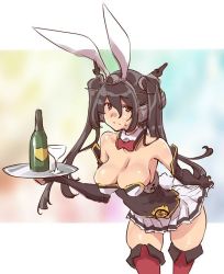 Rule 34 | 10s, 1girl, adapted costume, alternate hairstyle, animal ears, bare shoulders, black hair, boots, bottle, breasts, cleavage, cowboy shot, cup, detached collar, drinking glass, elbow gloves, gloves, kantai collection, large breasts, leaning forward, looking at viewer, nagato (kancolle), rabbit ears, red eyes, red thighhighs, skirt, solo, standing, sweat, sweatdrop, thigh boots, thighhighs, thomasz, twintails, wine bottle, wine glass